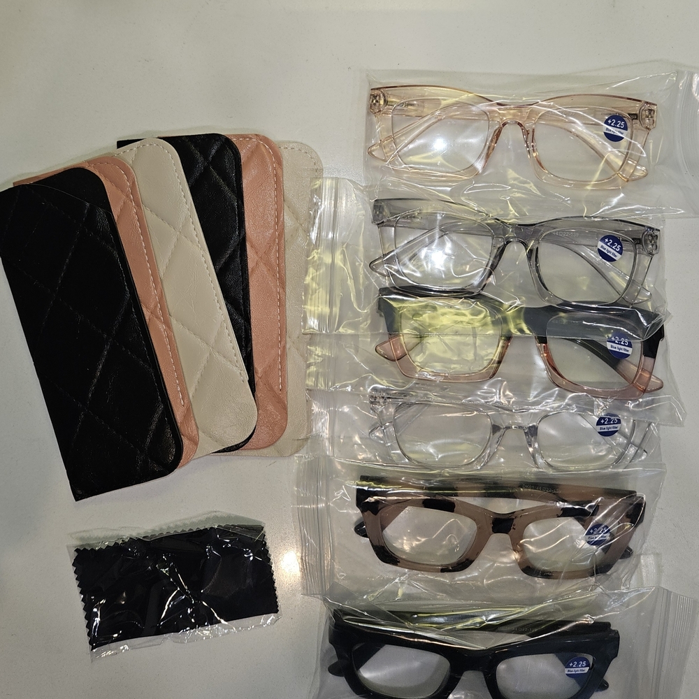 Lot 6 Reading Glasses +2.25 Blue Light Readers w Cases & Cloth